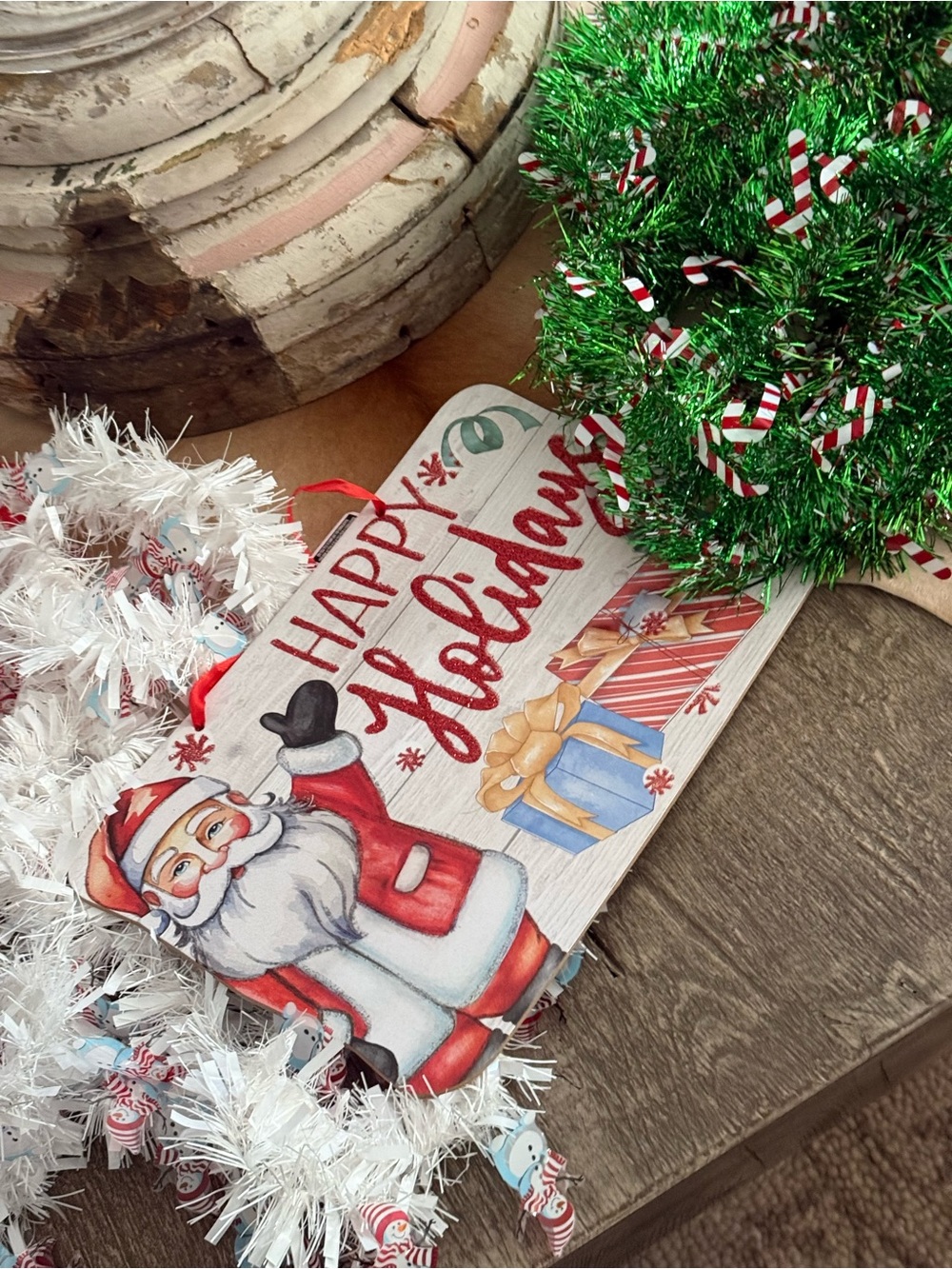 Brand NWT Bundle of 5 Holiday Green White Tinsel with Festive Santa Sign